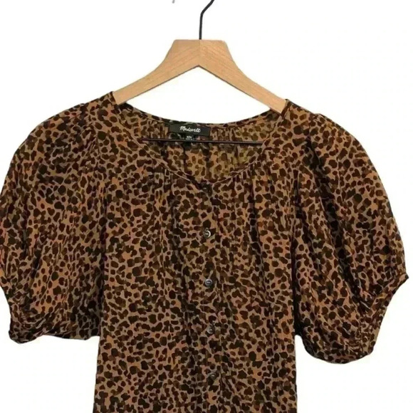 Madewell Leopard Print Button Down Puff Short Sleeve Blouse, Scoop Neck, Sz XXS - Picture 7 of 11